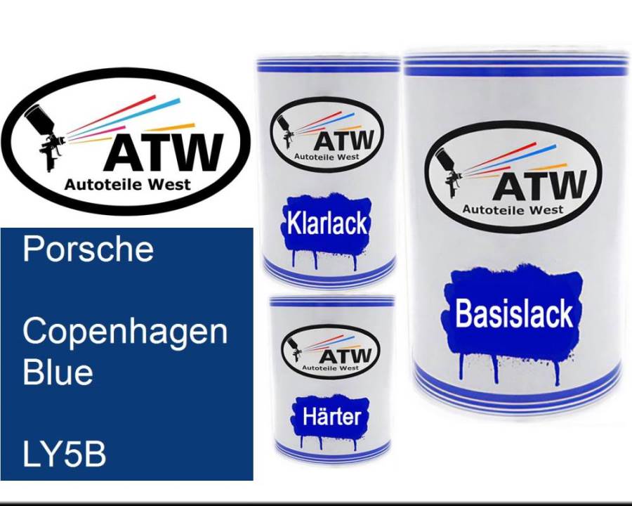 Porsche, Copenhagen Blue, LY5B: 500ml Lackdose + 500ml Klarlack + 250ml Härter - Set, von ATW Autoteile West.